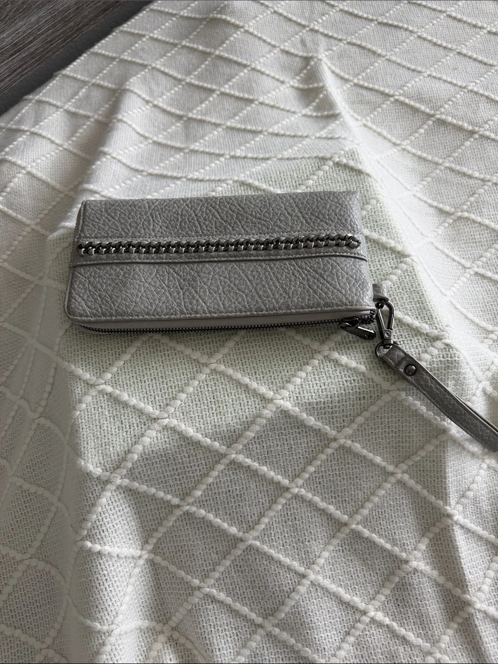 Gray Chain-Trim Wristlet Clutch with Removable Strap